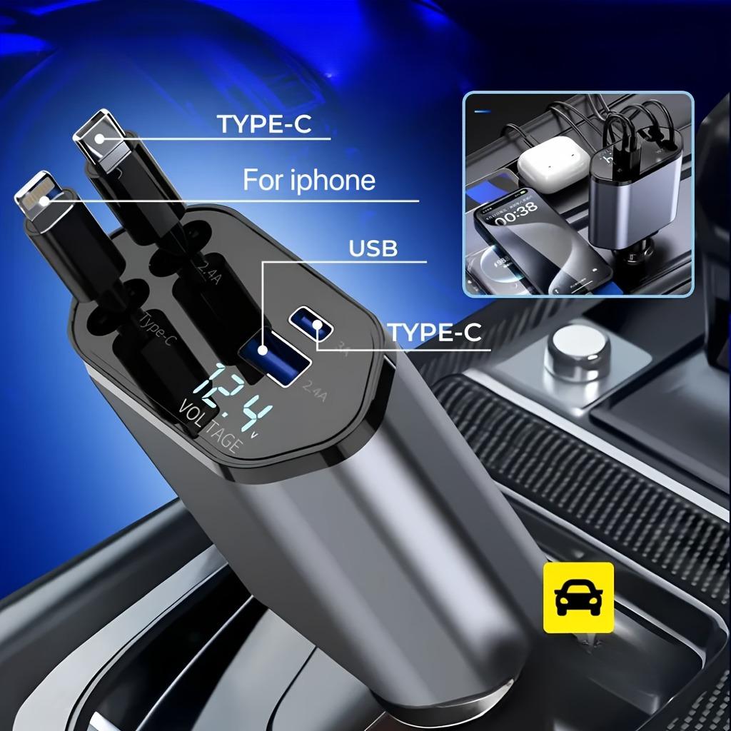 4-in-1 Einziehbarer 66W Autoladegerät mit Dual-Kabeln, USB-C- und USB-A-Anschlüssen, LED-Spannungsmonitor