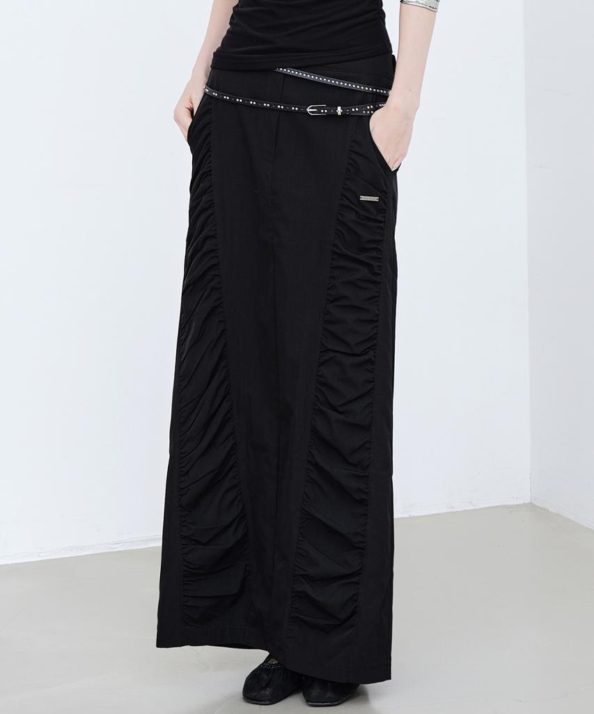 Nigaennikol Shirring Panel Long Skirt_Black