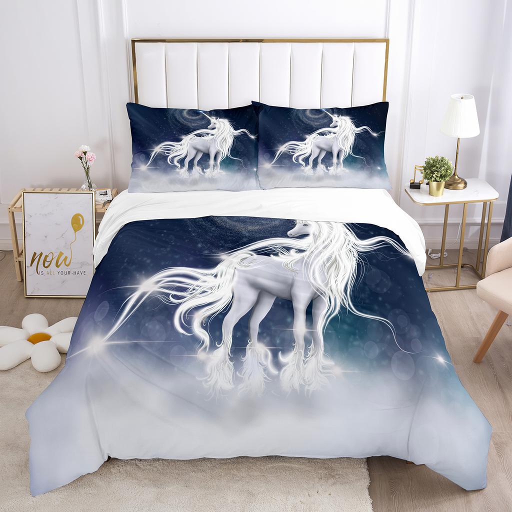 Einhorn-Bettbezug-Set, weißes Pferd mit Flügel, 3D-Druck, Kingsize, Polyester, Bettbezug für Kinder, Bettwäsche-Set mit Kissenbezug
