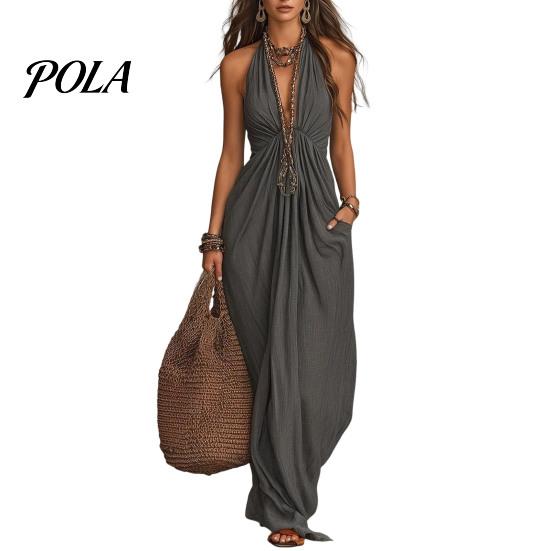 Rochie casual tip halteră plisată pentru femei, rochie maxi cu gât, decolteu adânc V, fără mâneci, fluidă, rochie de soare pentru vacanță la plajă, de vară, fluidă, cu buzunare, fustă lungă care subțiază
