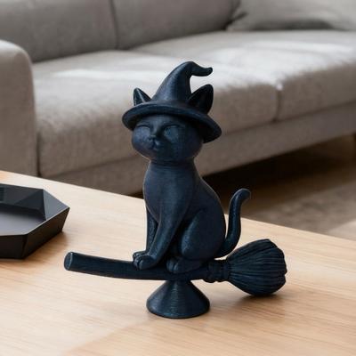 DYS Witch Cat Figurine, Black Riding Broom Statue, 3D Printed Ornament, Collectible Desktop Decoration for Home Office Decor