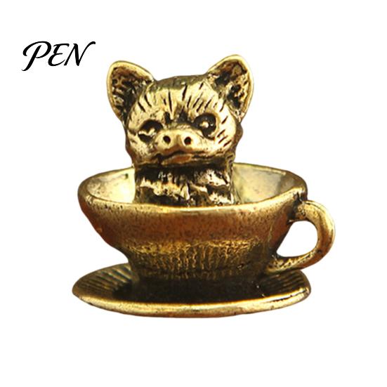 Artistic Home Office Desk Decor Miniature Teacup Cat Statue, Cute Brass Dog Figurine, Landscape Decorative Accents Collectable Animal for DIY