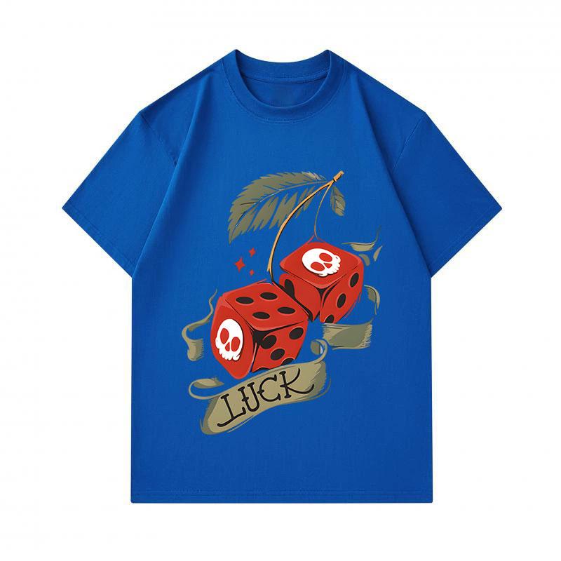 Men's 100% Cotton Crew Neck Short Sleeve T-Shirt, Creative Skull Dice Cherry Luck Print Casual Comfortable Tee for Daily Summer Wear