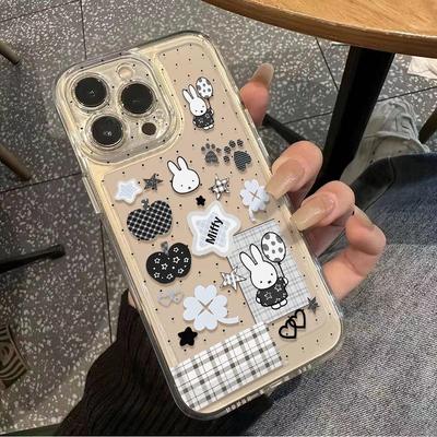 Black Apple Miffy Rabbit Transparent Space Phone Case for Apple 17/16/15/13 Pro Max, 12/11.