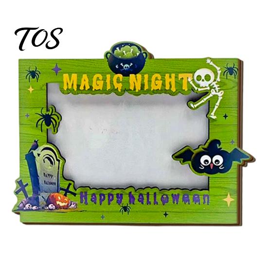 Indoor Festival Decorations Halloween Wooden Photo Frame, Double Layer Wood Tabletop Picture Holder, Holiday Table Creative Display Stand for