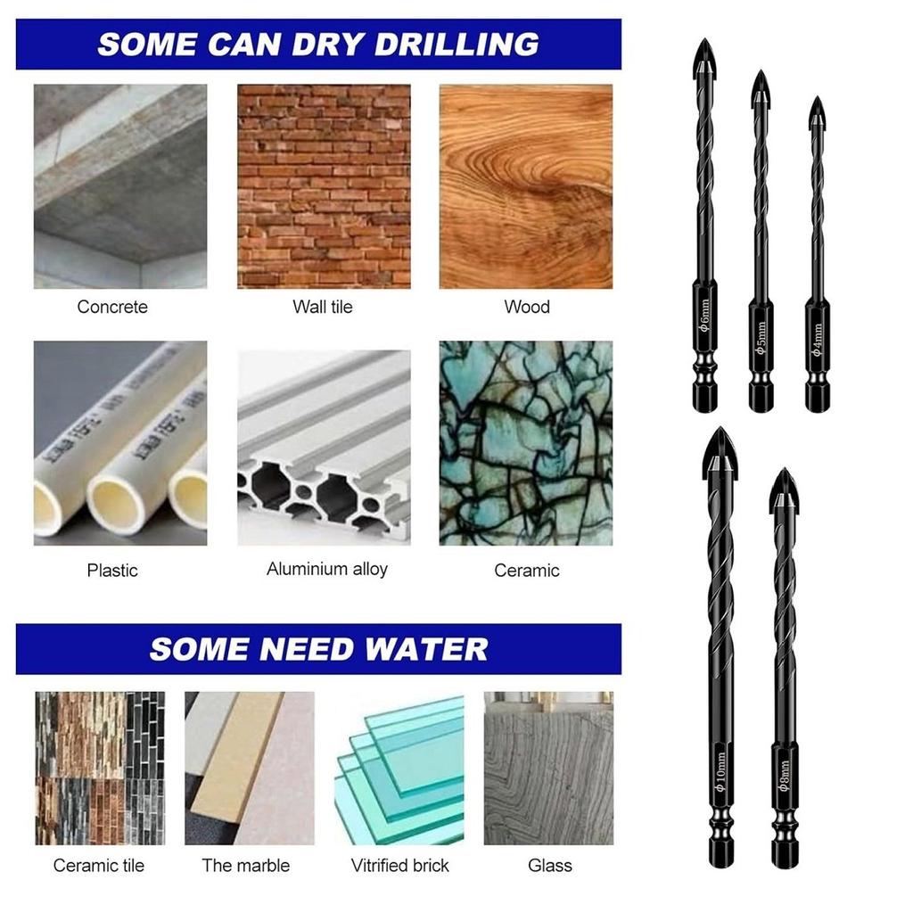 Triangle Cross Drill Bits Set 5PCS with Hexagonal Handle for Glass Tile Stone Concrete Wood Plastic Hole Opener 4 5 6 8 10MM