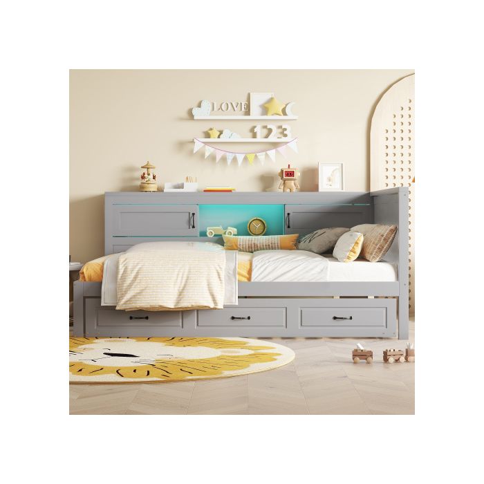 Canapé-lit - MUVOE - 90x200cm - Éclairage d'ambiance - Rangement intégré - Prise + USB