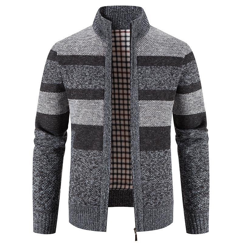 Men's Thickened Velvet Stand Collar Color Block Knit Cardigan Sweater Jacket for Autumn/Winter
