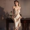Women’s Sexy French Style Ice Silk Nightgown Spring Summer Fall Long Lace Camisole Sleep Dress Loungewear