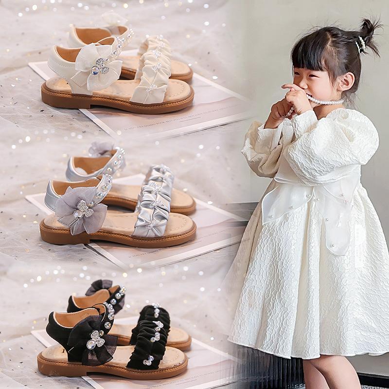 Girls Beach Shoes Pleated Sweet Kids Sandals Lace Bows Sweet Open Toes 2025 Summer New Children Casual Shoes Non-slip Soft Sole