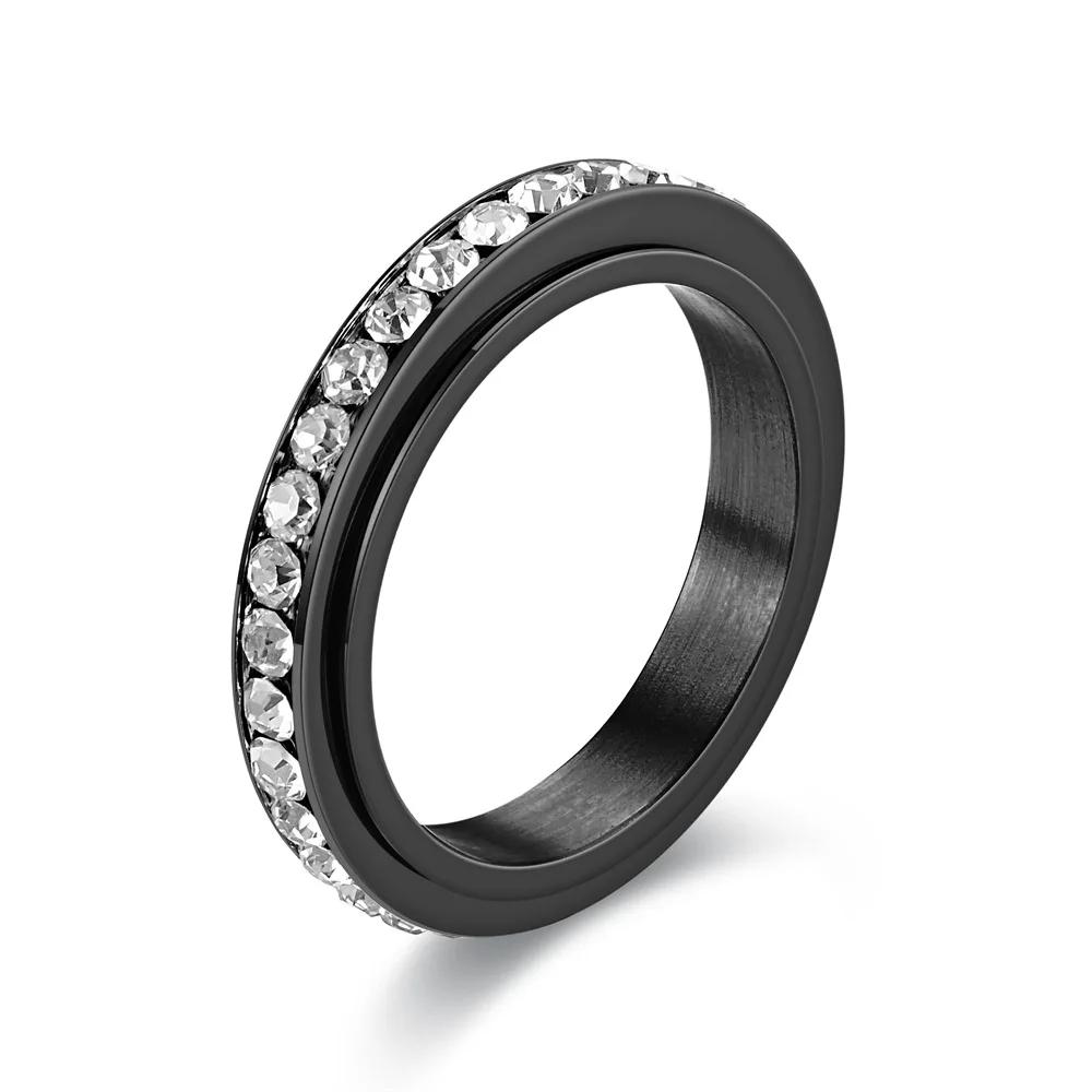 

4MM Stainless Steel Spinner Finger Rings For Women Crystal Rotatable Wedding Ring Men Fashion Anniversary Party Jewelry 12 чорний