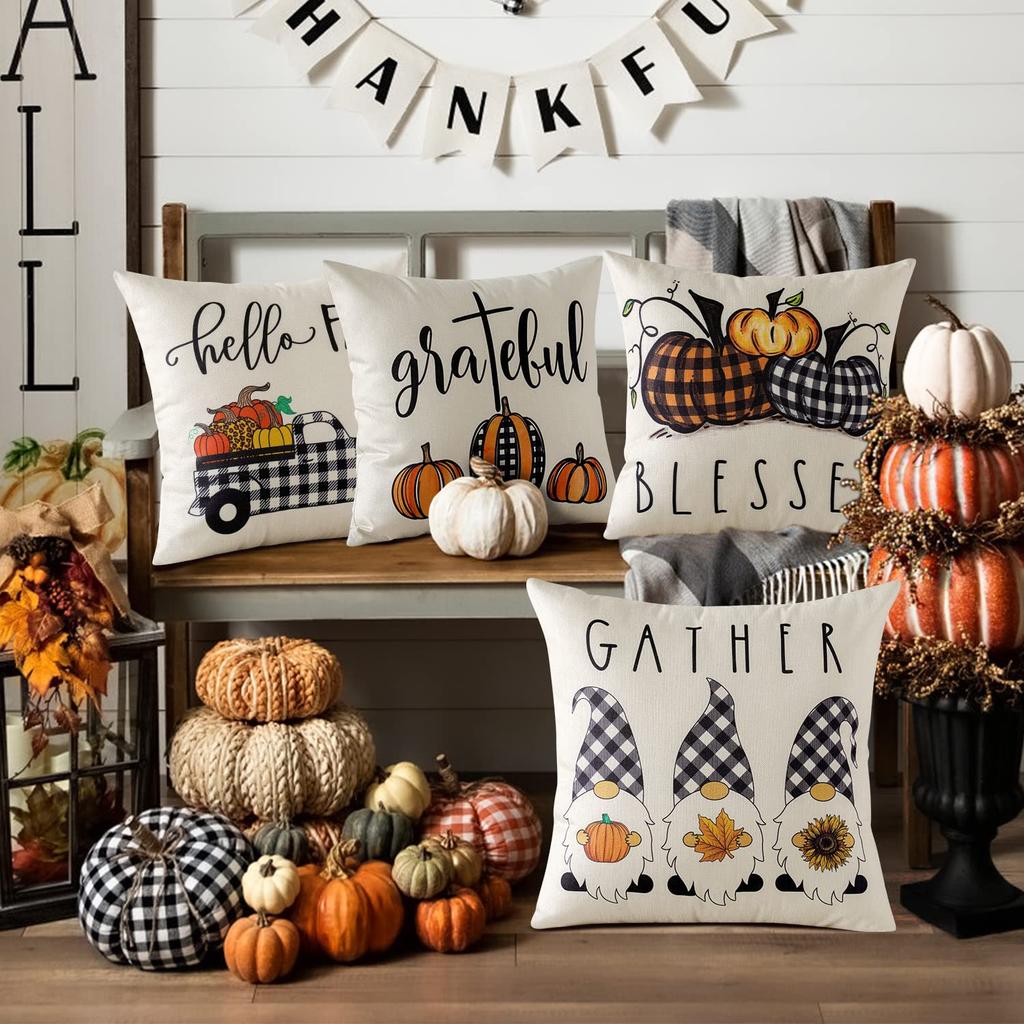 4 Pcs Double Sided Fall Pumpkin Cushion Covers, Plaid Gnome Truck Thanksgiving Throw Pillow Cases (No Inserts)