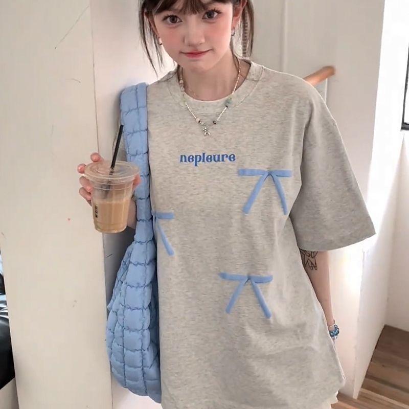 Aesthetic Vintage Short Sleeve T-shirt Women Summer Bow Elegant Loose Oversize Fashion Tops Female Grey Fashion Design Casual Pullover