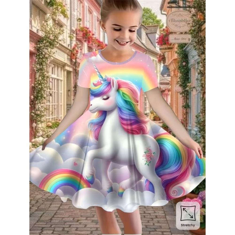 Mädchen 3D-Druckkleider Kinder Mädchen Party Kurzarm Prinzessinnenkleid Tanktop 3D Einhorn Druckkleid