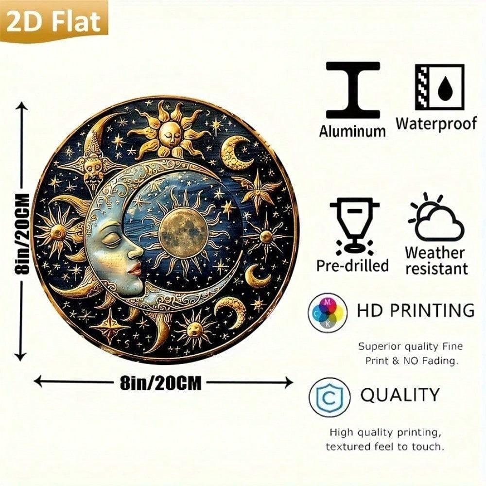 Vintage Sun and Moon Aluminum Metal Art Sign, 2D Circular Wall Decor for Home Bar Cafe