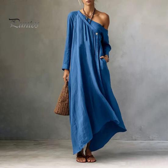 Mid-length Dress Summer Maxi for Women, Casual Loose One Shoulder Long Elegant Sleeve Dress, Flowy Beach Vacation Sundress wwith Pockets Versatile