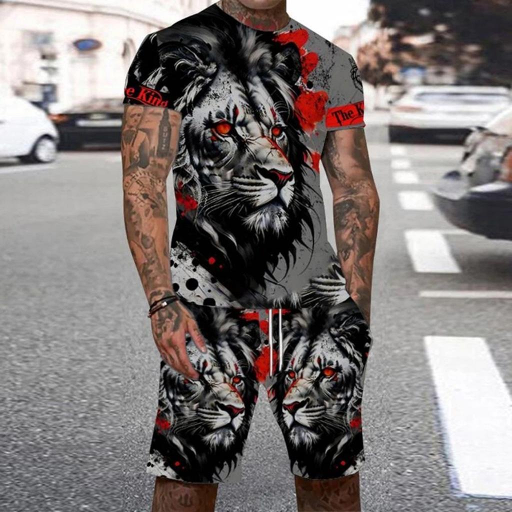 2025 Summer New Men's Summer Crew Neck Short Sleeve Shorts 3D Tiger Print Casual T-shirt Cool Custom Streetwear Set Men Sports