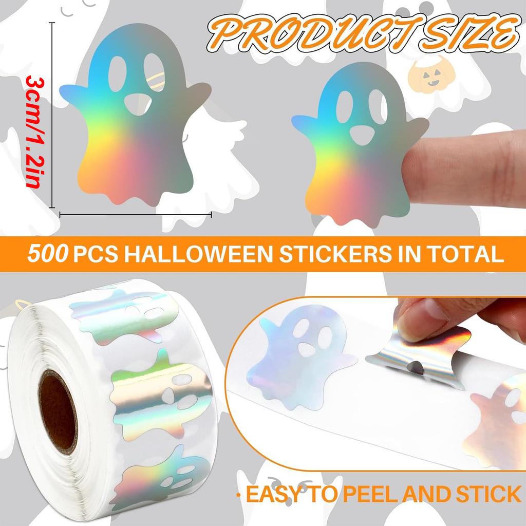 500pcs Halloween Ghost Stickers Roll Ghost Laser Stickers Decorative Self-Adhesive Paper Decals for Halloween Party Favors