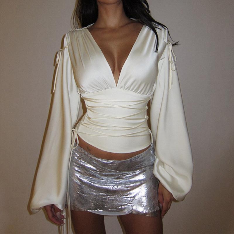 Podzimní americká košile s dlouhým rukávem Vysoce elastická saténová košile v pase Stahovací dámský univerzální top