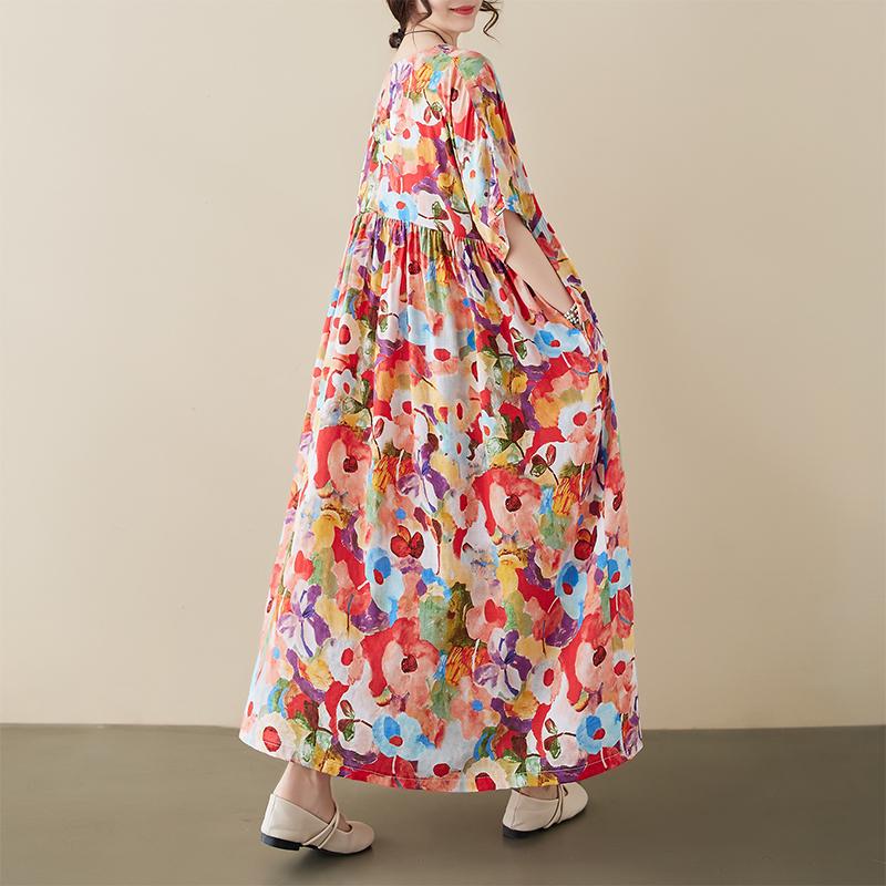 Dimanaf 2024 Plus Size Summer New Long Dress Beach Women O-Neck Floral Print Holiday Fashion Casual Loose Lady Dresses 669