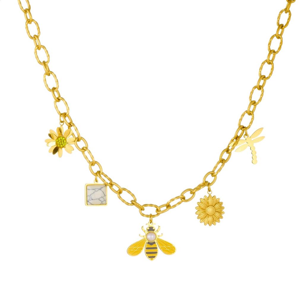 316L Stainless Steel Pearl Inlay Yellow Bee Lotus Sunflower Dragonfly Pendant Necklace Women New Trend Neck Chain Gifts
