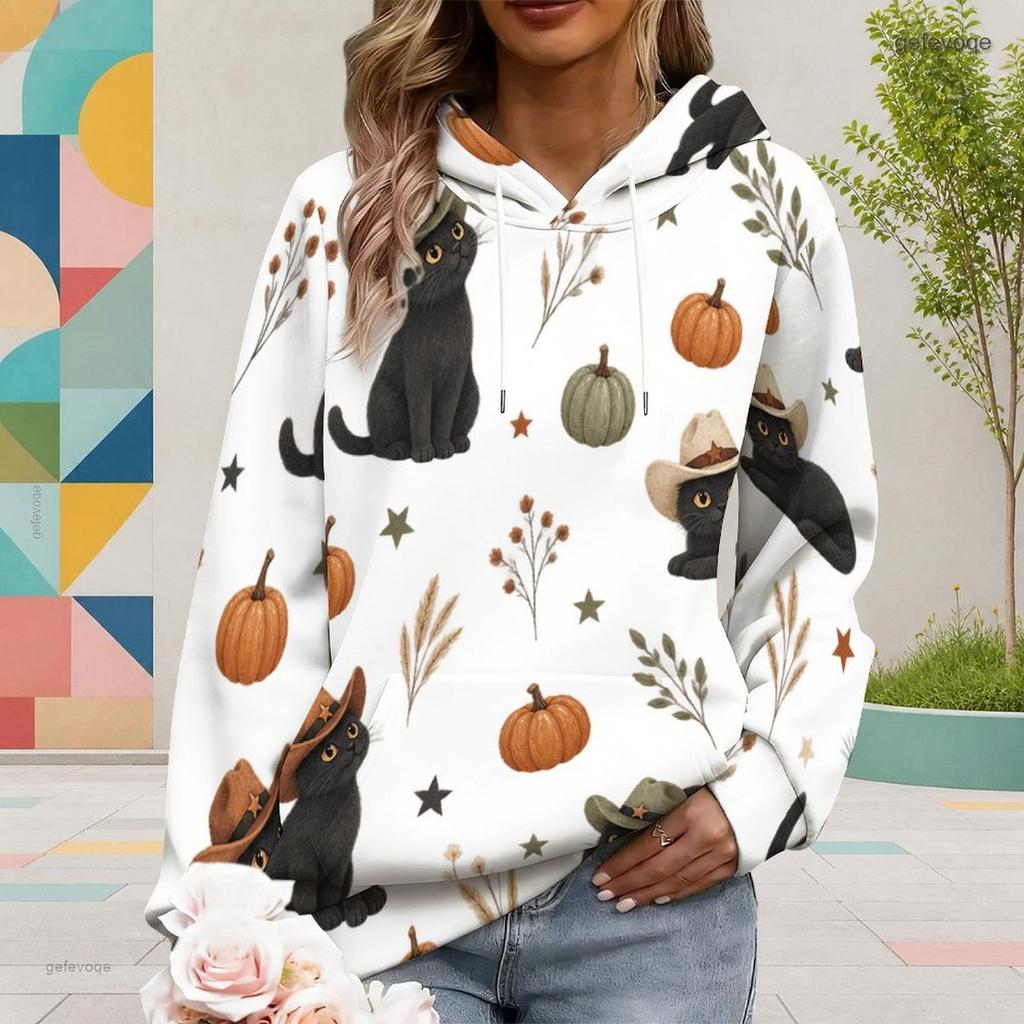 Women Plus Size Cute Cow Cactus Printed White Long Sleeve Drawstring Hoodie Kangaroo Pocket Pullover
