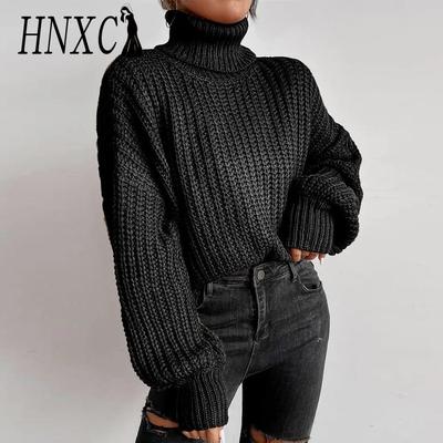 HNXC Women's Fashion Casual Solid Color Print Autumn Winter Long Sleeve High Neck Loose Sweaters