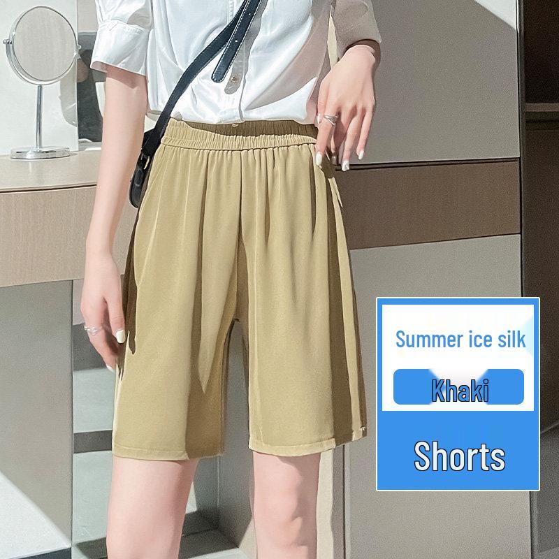

2026 Women s High Waist Slimming Ice Silk Drape Shorts: Casual, Loose, Wide-Leg, Five-Point Summer Pants S хаки