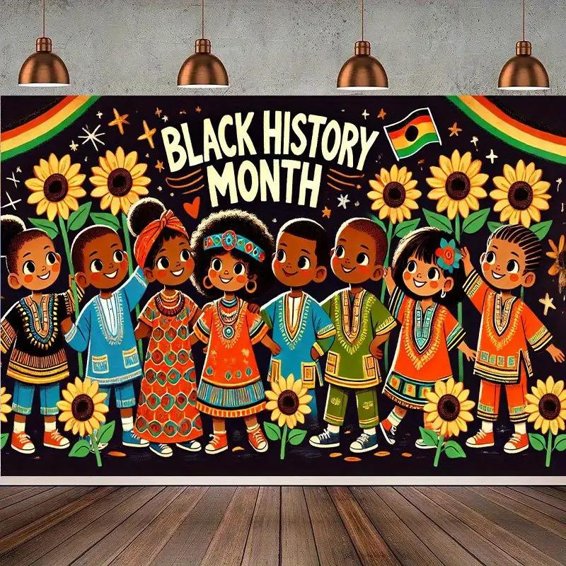 2D plane, 1 banner for Black History Month - African American youth and sunflower design, celebration of Black history 100x150cm