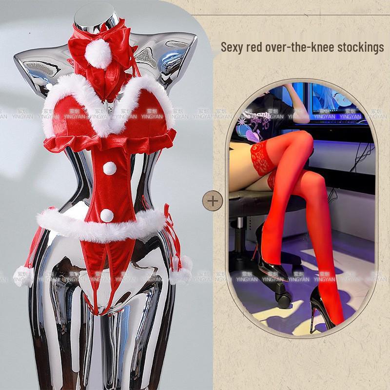 Seductive Red Christmas Lingerie Set - Sheer, Tight-Fit, Teasing Role Play Costume 0936