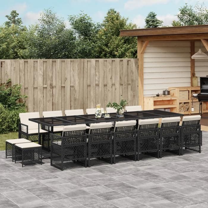 VidaXL Ensemble à manger de jardin 17 pcs coussins noir résine tressée, ensemble à manger d'extérieur, meuble à manger de 3210822