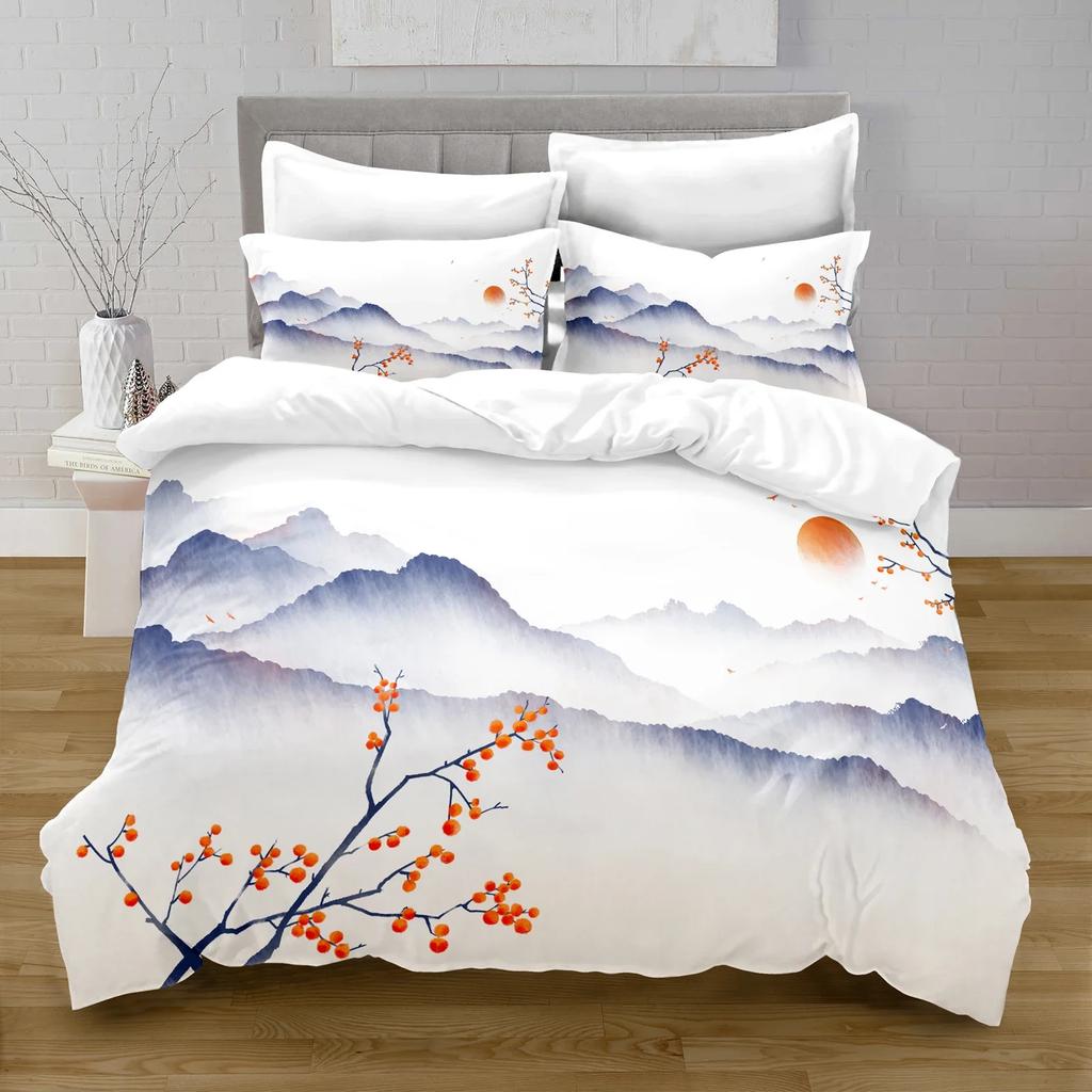 Comforter Ink Painting King Queen Chinese Landscape Painting Bedding Set Adults Idyllic Scenery Mountain Polyester