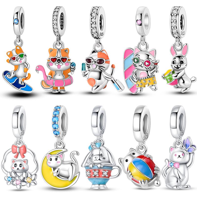 Fashion Copper Vacation Surfing Cats Cute Pink Rabbit Animal Charms Pendants Fit Qikaola Bracelets Fine Diy Jewelry