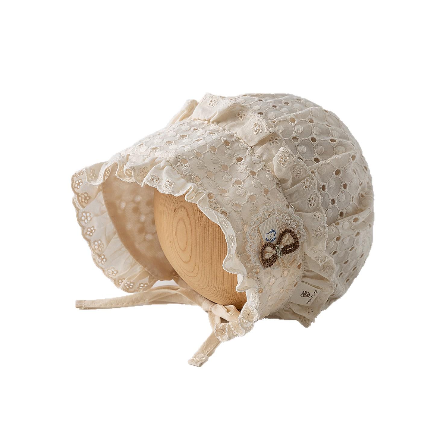 

Baby Girl Sunhat: Spring/Summer Lace Embroidery, Sun Protection Cap for Infants & Toddlers Hollow Flower Bud - Checkered Beige