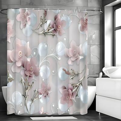 Cortina de Ducha Moderna con Relieve de Flores, Cortina de Ducha Decorativa para Baño, Cortina de Ducha Impermeable con Ganchos