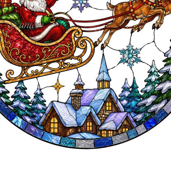 Retro Art Window Decoration Christmas Santa Sleigh Suncatcher Cling, Stained Glass Style Static Holiday Party Ornament Sticker, Rainbow Film