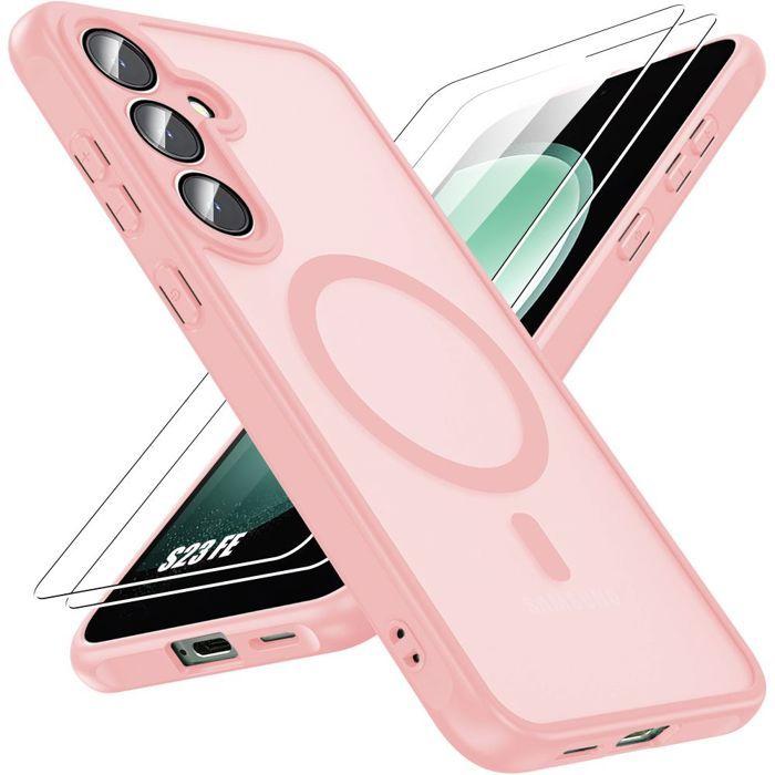 Case for Samsung Galaxy S23 FE, with Magnetic Ring and Camera Glass - Pink - 2 Tempered Glasses