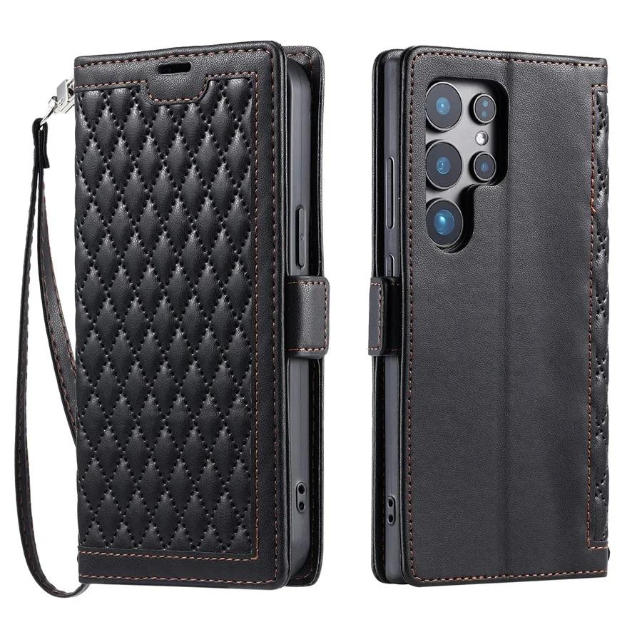 Chic Quilted Leather Phone Case for Samsung S26 S25 Edge S24 Ultra S23 FE S22 S21 S20 Plus Note20 Pocket Wallet Card Flip Cover