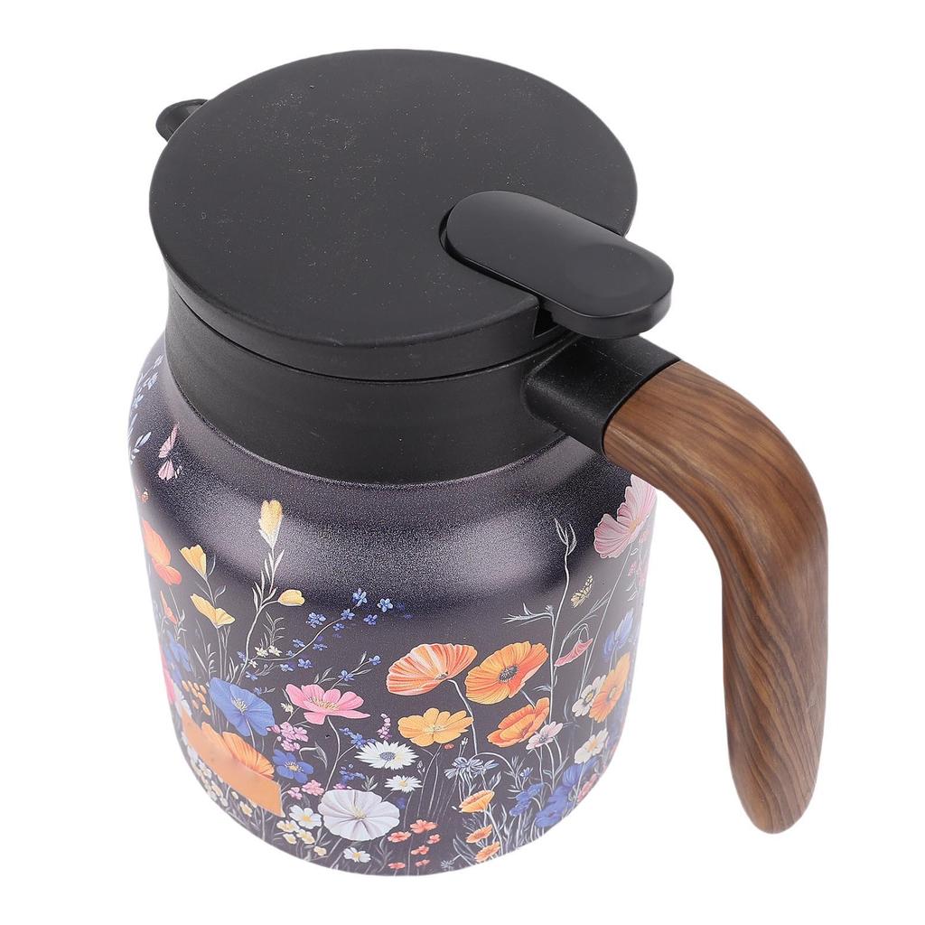 Isolierte Teekanne mit Deckel 1000ml Edelstahl Tragbare Vakuum Heißkaffeekanne mit Holzmaserung