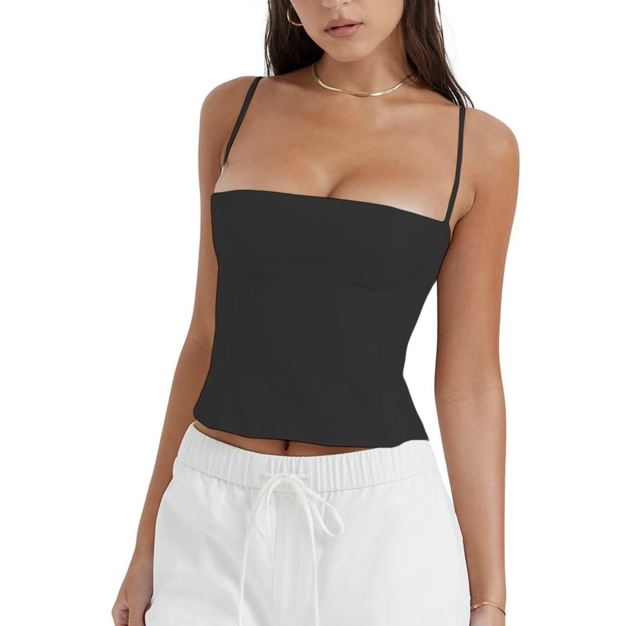

Solid color vest women s summer loose new short sleeveless slim-fitting outer top suspender sexy L чорний