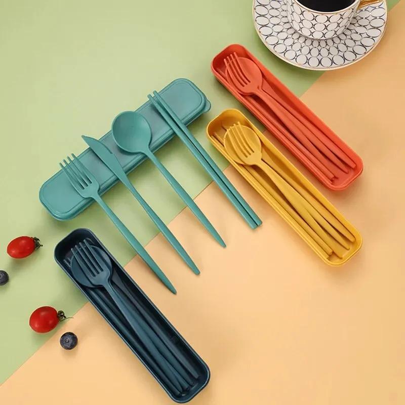 4-piece Wheat Straw Tableware Knives Forks Spoons Chopsticks New Portuguese Plastic Portable Tableware Set Dinnerware Set