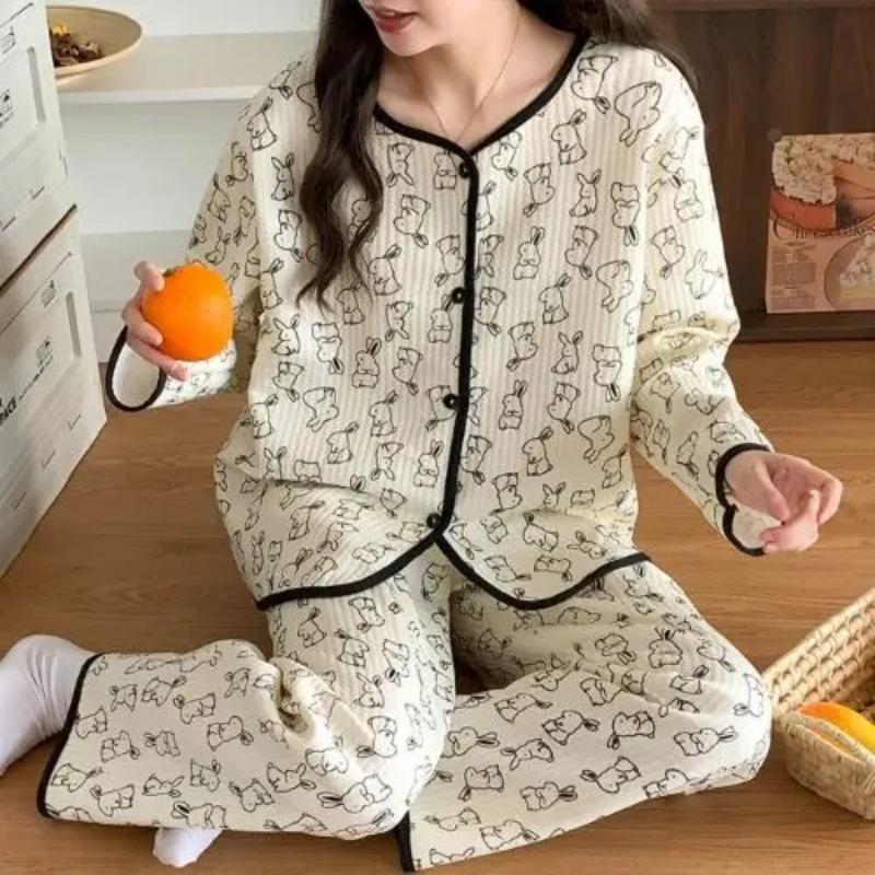 Heart Print Sleepwear Women Pajama Sets Korean Piiama Ruffles Pants Sets for Women 2 Pieces Autumn Night Wears Button Home Suit