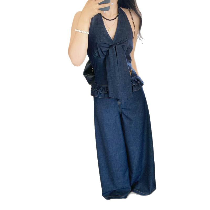 1116 Spring Korean Commuter Tencel Denim Bow Neck Halter Top Loose Wide Leg Pants Set