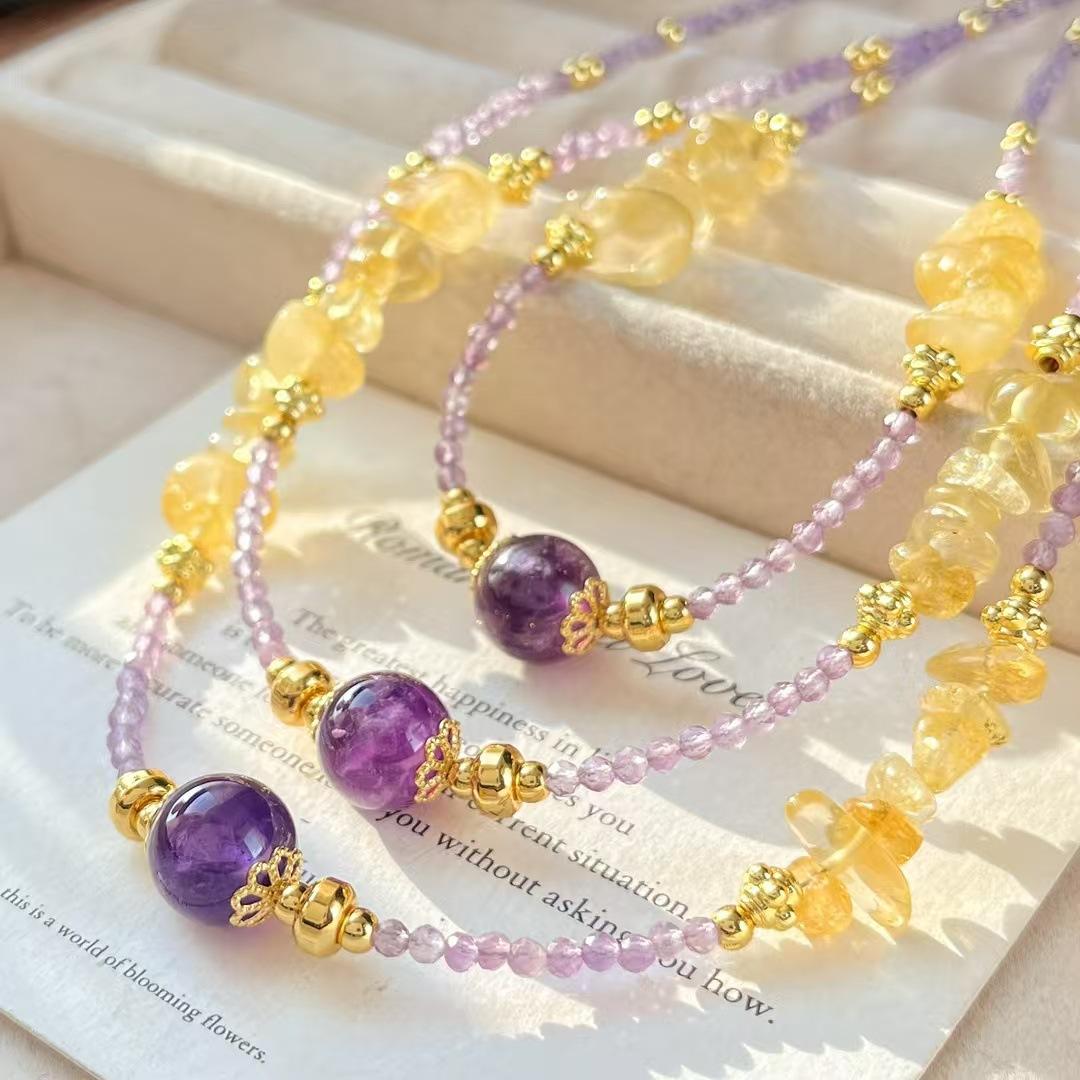 Vintage Natural Amethyst Citrine Design Sense Clavicle Chain Necklace