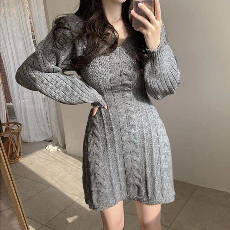 spring autumn casual slim mini dress fashion Long Sleeve elasticity sweater Dresses V-neck solid a-line knitted dress for women