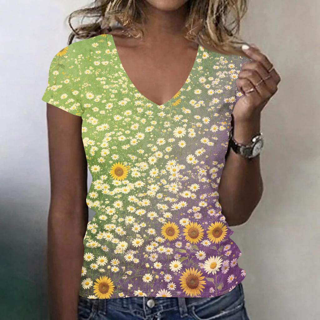 Women's Casual V Neck Short Sleeve Floral Print T Shirt Top Lightweight Breathable Summer Tee Shirt for Daily Wear