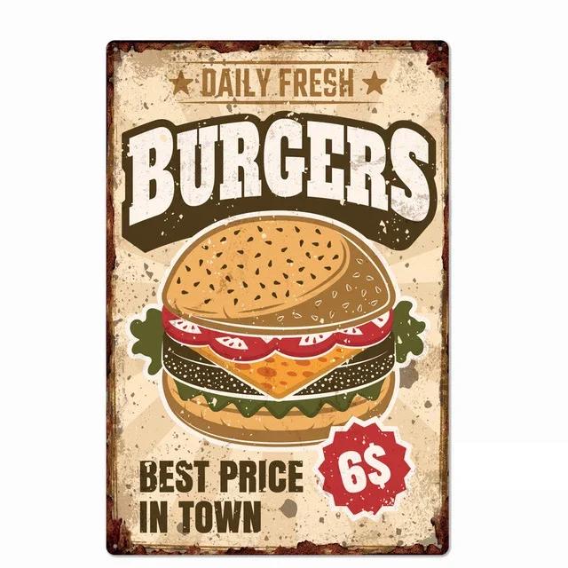 Delicious Hamburger Food Signs Metal Plaques Barbecue Kitchen Restaurant Shop Tin Sign Decorative Posters Retro Iron Painting