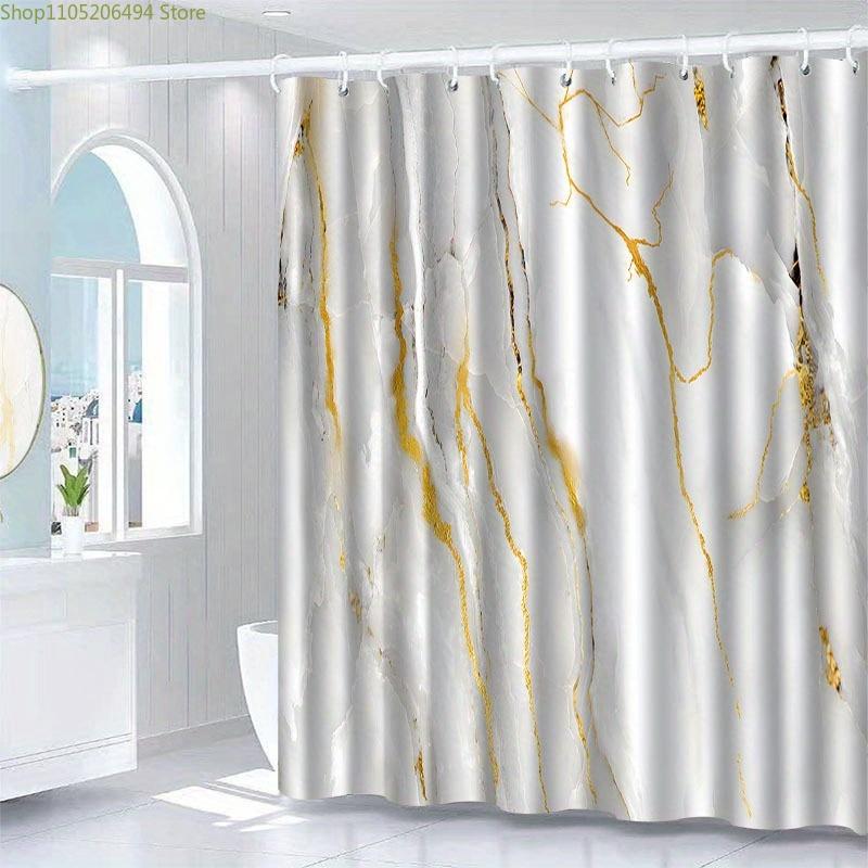1pc Elegant Marble Pattern Shower Curtain with Hooks - Machine Washable Polyester, Golden & White Design, Perfect for Bathroom