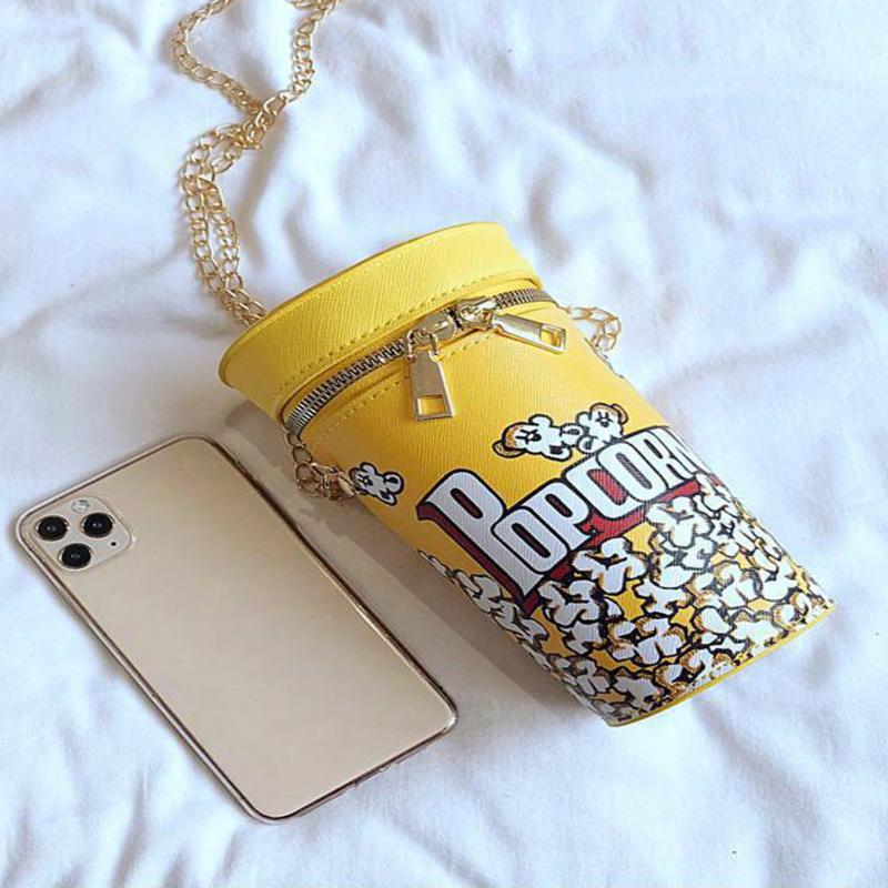 Popcorn Design Bucket Bag, Chain Crossbody Bag, Creative Cylinder Purse For Women, PU Leather Textured Bag Purse, Fancy Fashion Shoulder Bag
