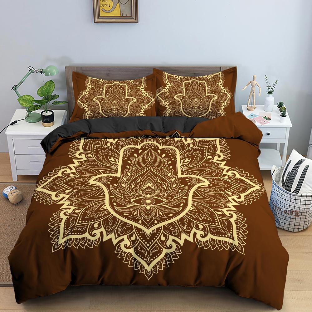 Set Copripiumino Mano di Fatima King Size Nero Dorato Set Biancheria da Letto Lusso Stampa Mano d'Oro di Fatima Boho Hippie 2/3pz Copripiumino